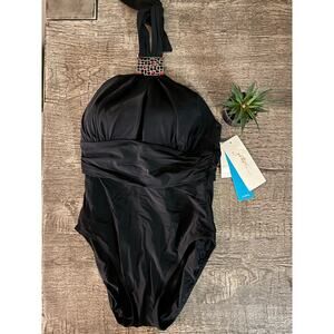 Gottex Black Jeweled One-Piece Swimsuit |Sz 8| Elegant Halter Bathing Suit | NEW